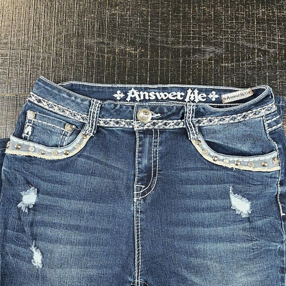 Answer Me Rhinestone Blue Wash Denim Bootcut Flared Jeans Pants Women's Size 11 - Picture 3 of 7